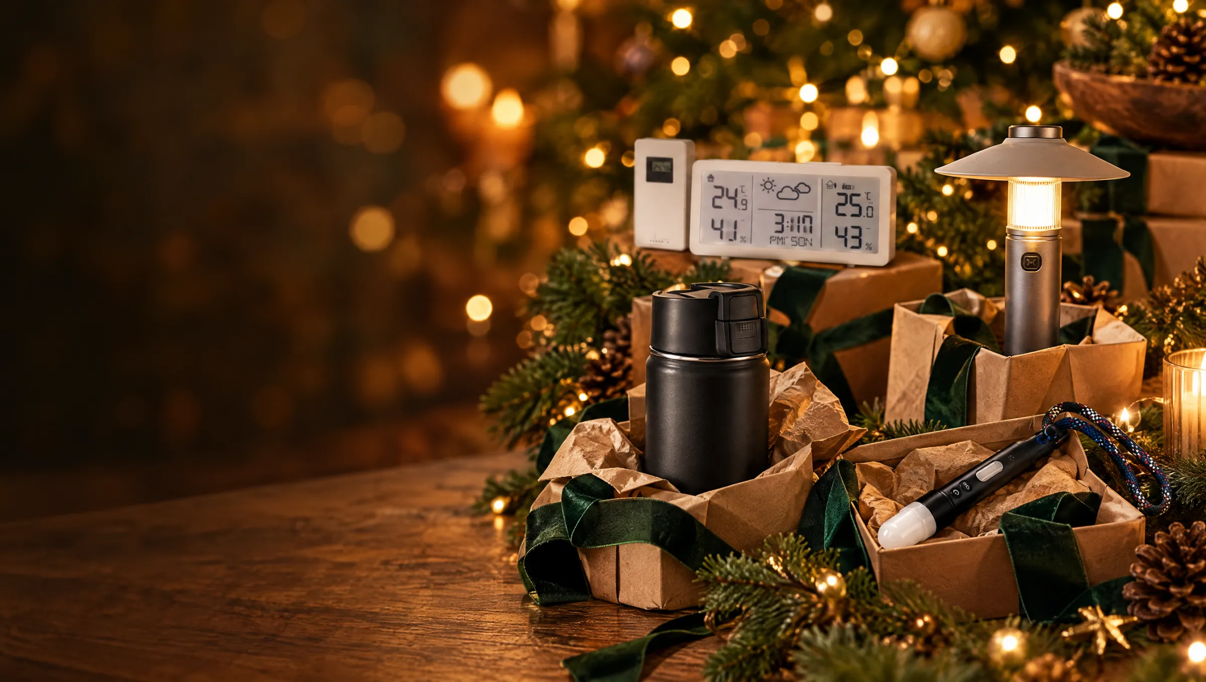 Weihnachtlich verpackte Geschenke aus der Auswahl: Thermobecher, Campingleuchte, Wetterstation und Taschenleuchte