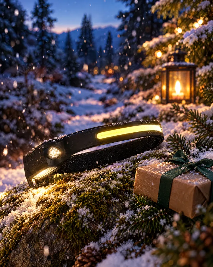 Kopflampe mit Handsensor in weihnachtlicher Szene